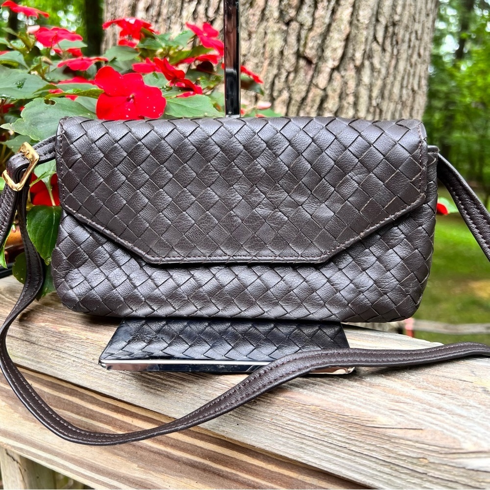 Chocolate Stefano Bravo Intrecciato Clutch Crossbody Bag Italian leather, 8x5x1